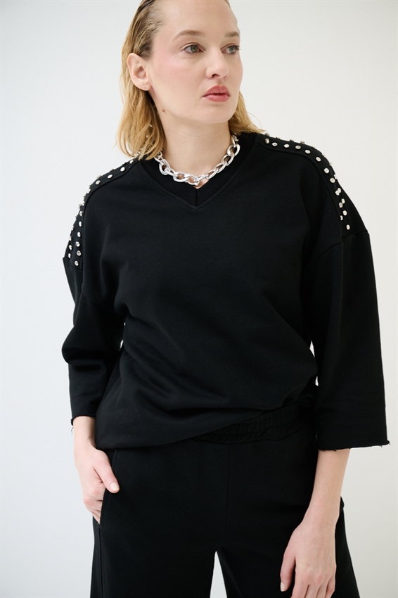 FELPA OVER MEZZA MANICA CON APPLICAZIONI SPALLA NERO