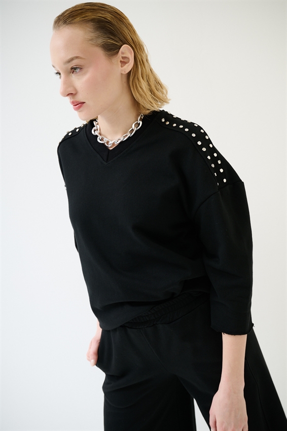 FELPA OVER MEZZA MANICA CON APPLICAZIONI SPALLA NERO