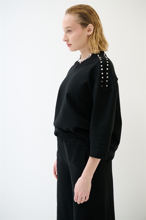 FELPA OVER MEZZA MANICA CON APPLICAZIONI SPALLA NERO