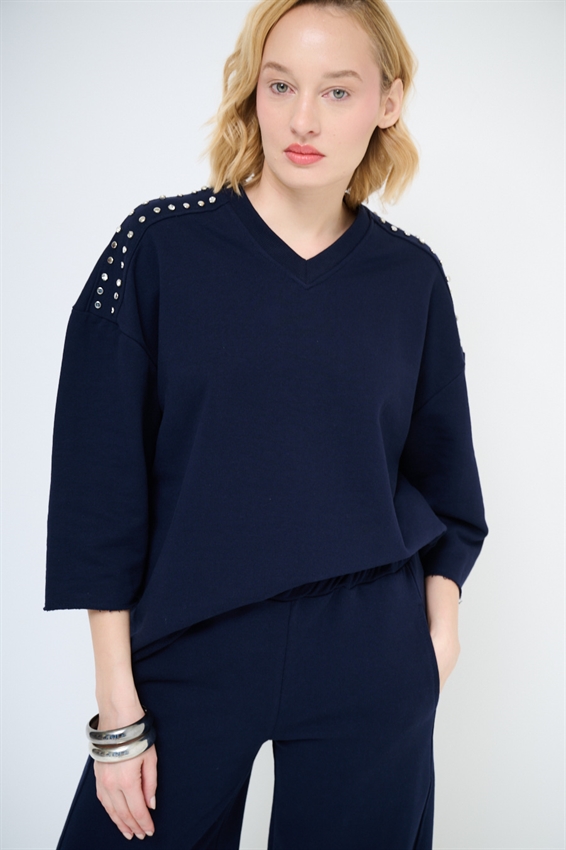 FELPA OVER MEZZA MANICA CON APPLICAZIONI SPALLA BLU