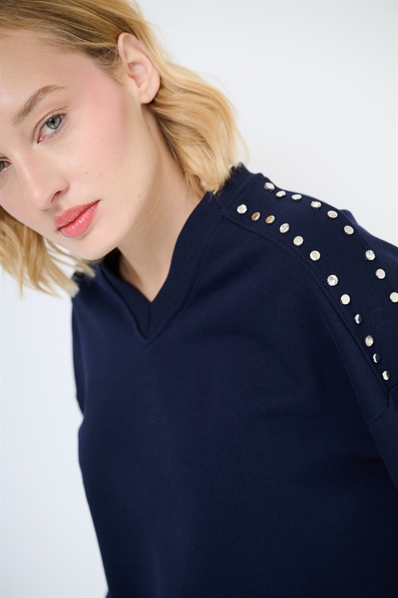 FELPA OVER MEZZA MANICA CON APPLICAZIONI SPALLA BLU