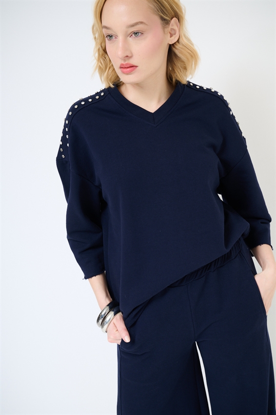 FELPA OVER MEZZA MANICA CON APPLICAZIONI SPALLA BLU