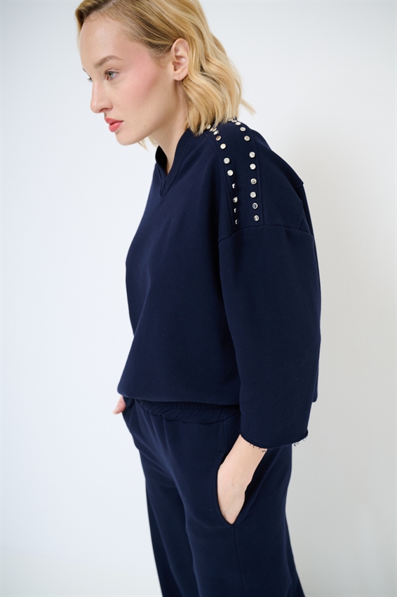 FELPA OVER MEZZA MANICA CON APPLICAZIONI SPALLA BLU