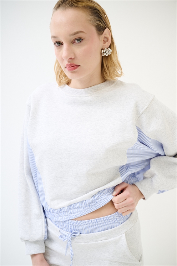 FELPA CON INSERTI RIGATI IN POPELINE GRIGIO CHIARO