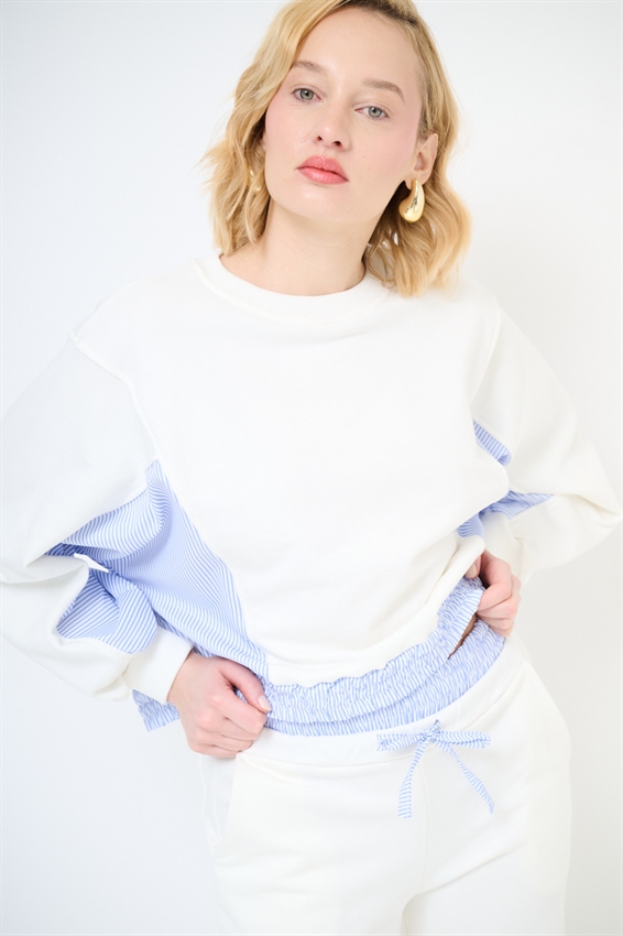 FELPA CON INSERTI RIGATI IN POPELINE PANNA