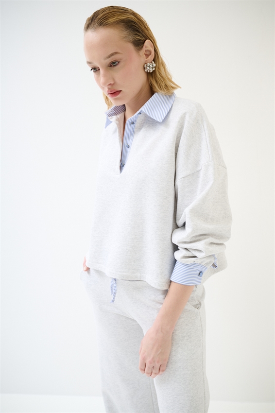 POLO FELPA CON COLLO E POLSO RIGATO POPELINE GRIGIO CHIARO