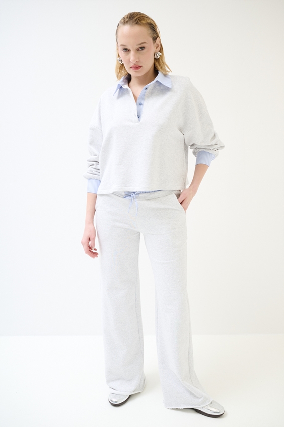 POLO FELPA CON COLLO E POLSO RIGATO POPELINE GRIGIO CHIARO