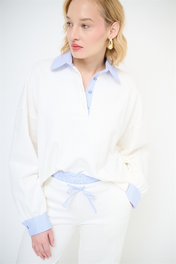 POLO FELPA CON COLLO E POLSO RIGATO POPELINE PANNA