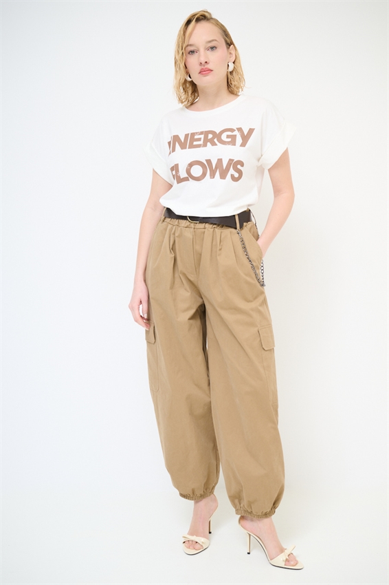 PANTALONE CARGO CON ELASTICO E CINTURA CAMMELLO