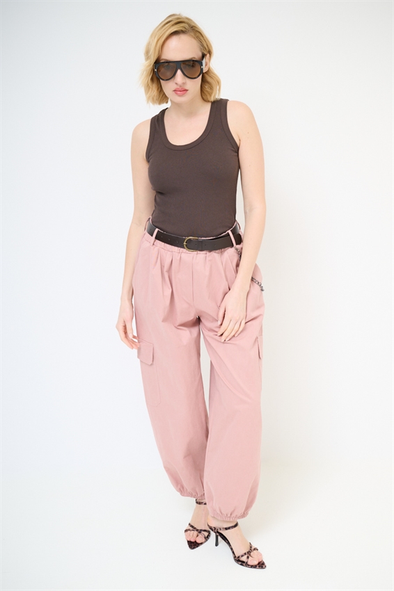 PANTALONE CARGO CON ELASTICO E CINTURA ROSA