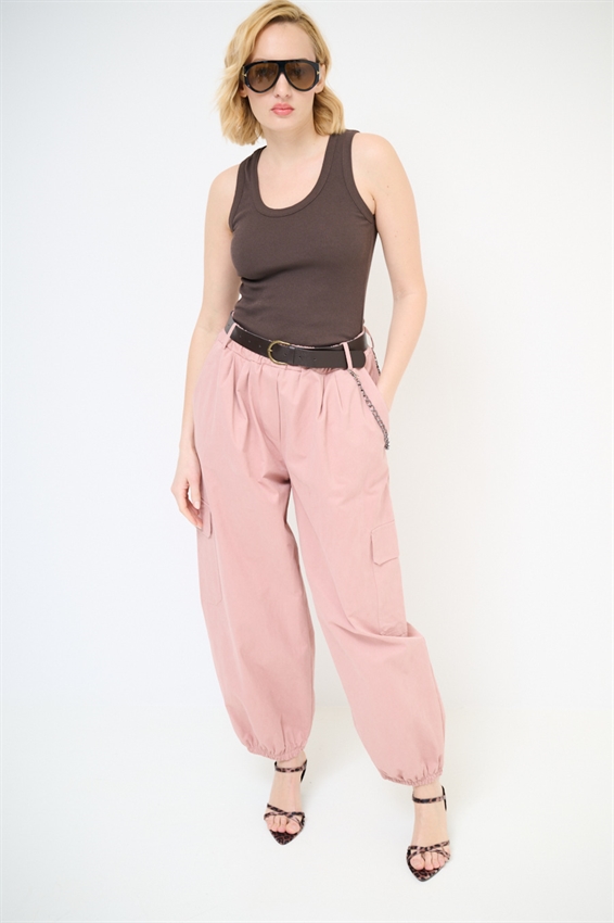PANTALONE CARGO CON ELASTICO E CINTURA ROSA