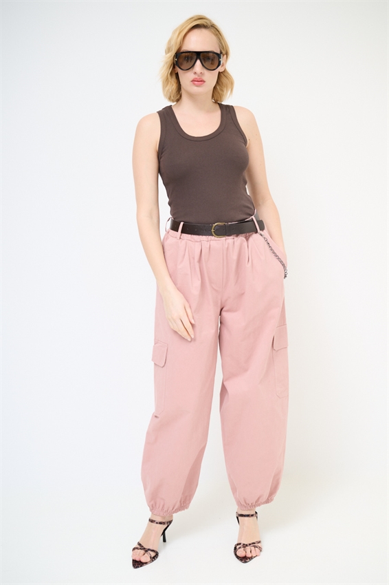 PANTALONE CARGO CON ELASTICO E CINTURA ROSA