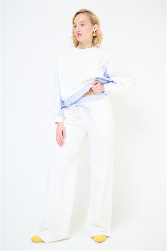 PANTALONE LARGO IN FELPA CON DOPPIO CINTURINO PANNA