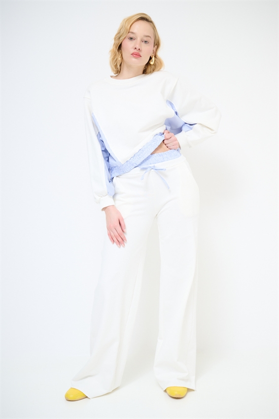 PANTALONE LARGO IN FELPA CON DOPPIO CINTURINO PANNA