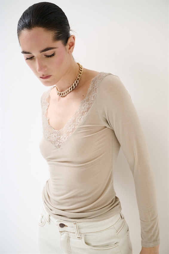 MAGLIA SCOLLO V CON PIZZO MODAL BEIGE