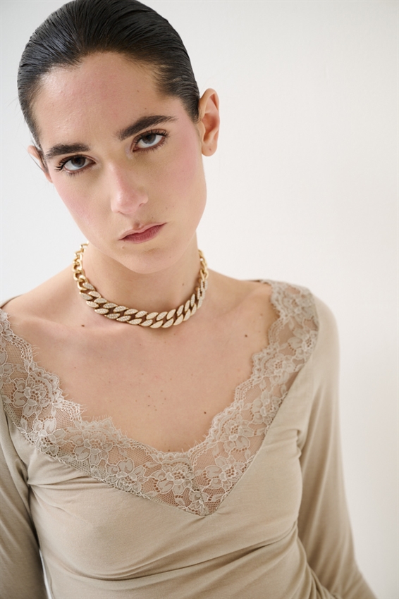 MAGLIA SCOLLO V CON PIZZO MODAL BEIGE