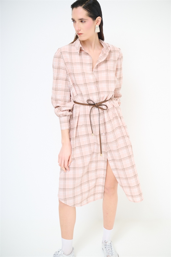 ABITO CHEMISIER MIDI A QUADRI CON CINTURA ROSA