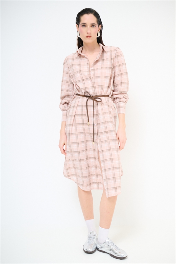 ABITO CHEMISIER MIDI A QUADRI CON CINTURA ROSA