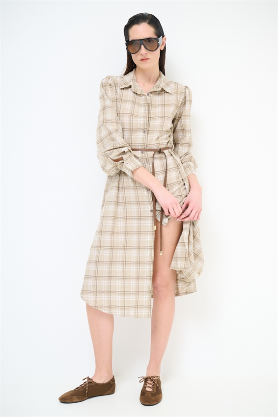 ABITO CHEMISIER MIDI A QUADRI CON CINTURA SABBIA