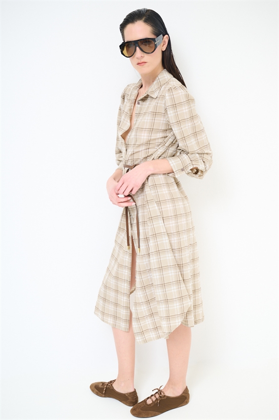 ABITO CHEMISIER MIDI A QUADRI CON CINTURA SABBIA