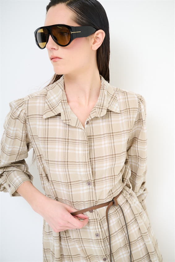 ABITO CHEMISIER MIDI A QUADRI CON CINTURA SABBIA