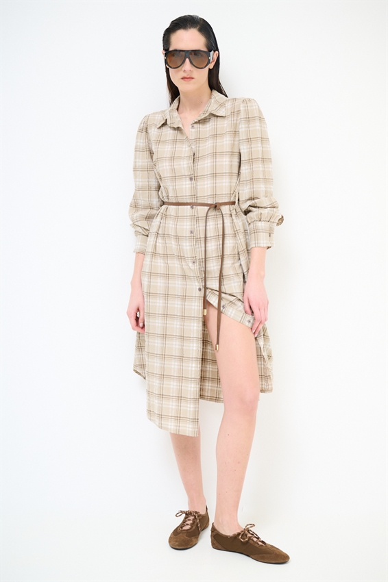 ABITO CHEMISIER MIDI A QUADRI CON CINTURA SABBIA
