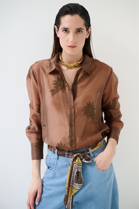 CAMICIA BASIC LYOCELL CON RICAMO TABACCO