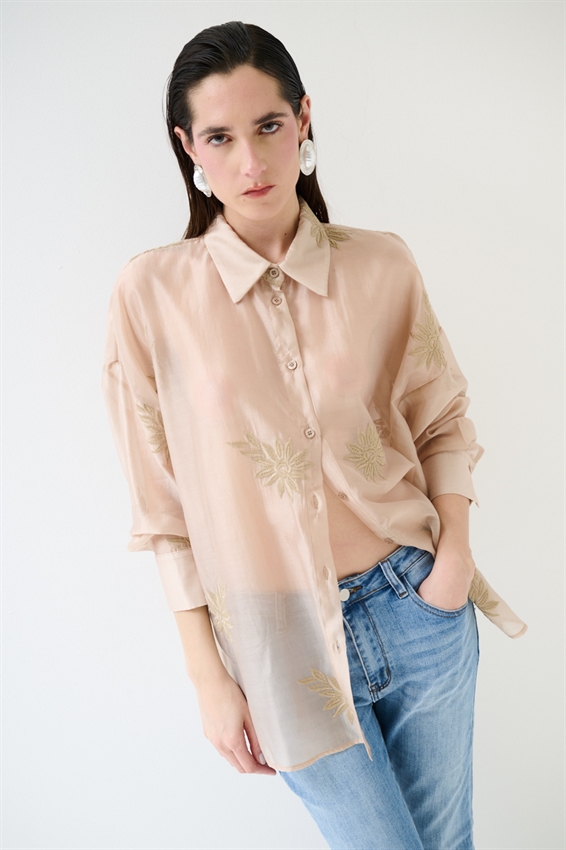 CAMICIA OVERSIZE CON RICAMO LYOCELL NOCCIOLA