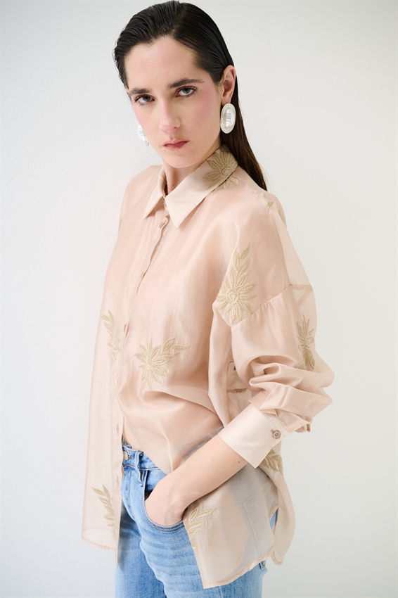 CAMICIA OVERSIZE CON RICAMO LYOCELL NOCCIOLA