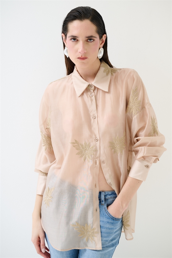 CAMICIA OVERSIZE CON RICAMO LYOCELL NOCCIOLA