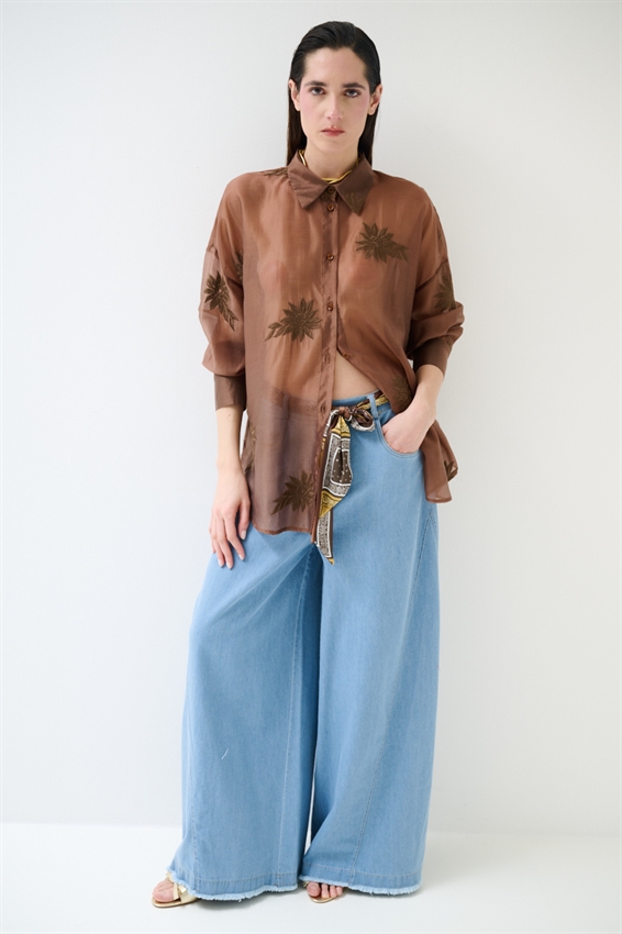 CAMICIA OVERSIZE CON RICAMO LYOCELL TABACCO