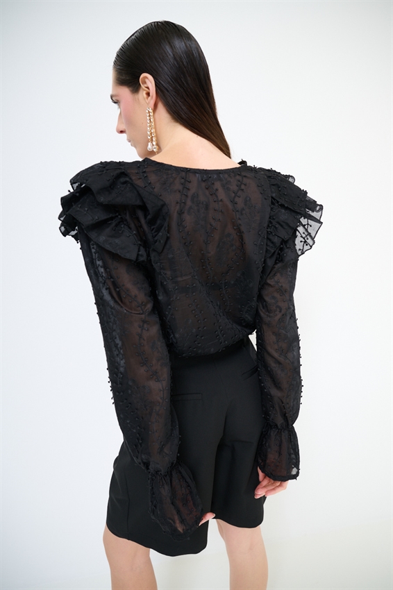 BLUSA CON RICAMO E SCOLLO A V NERO