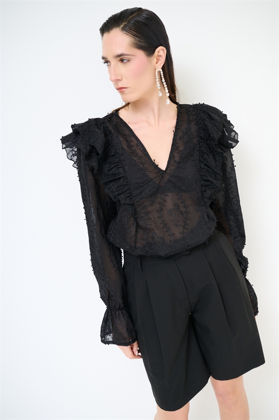BLUSA CON RICAMO E SCOLLO A V NERO