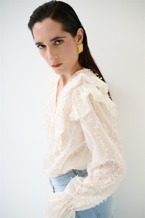 BLUSA CON RICAMO E SCOLLO A V PANNA