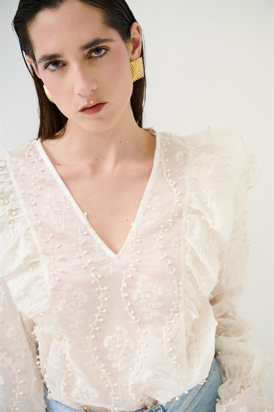 BLUSA CON RICAMO E SCOLLO A V PANNA