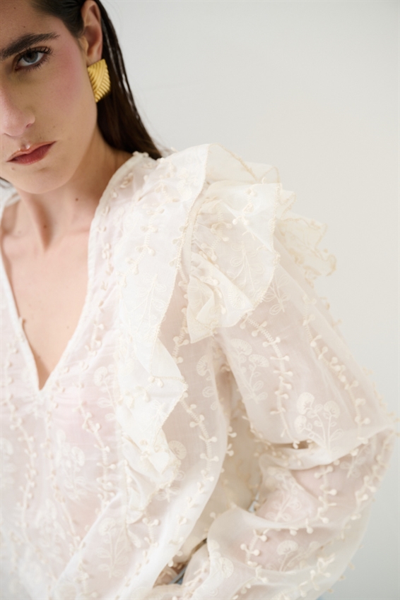 BLUSA CON RICAMO E SCOLLO A V PANNA