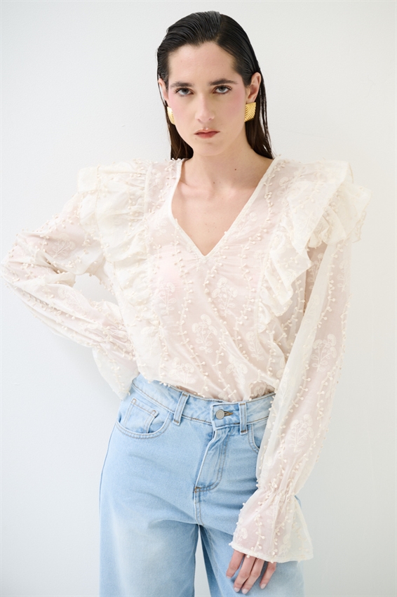 BLUSA CON RICAMO E SCOLLO A V PANNA