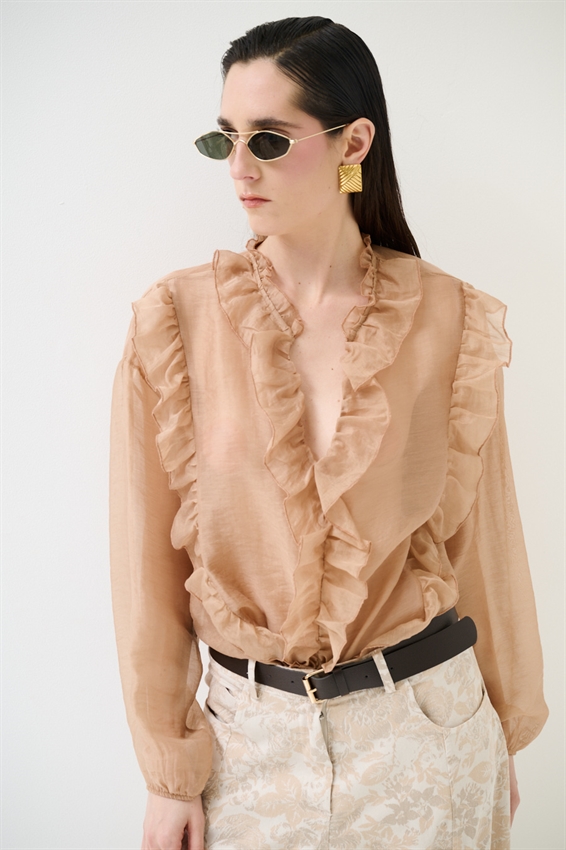 BLUSA CON DOPPIA ROUCHES CAMMELLO