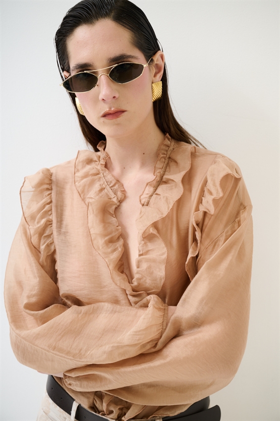 BLUSA CON DOPPIA ROUCHES CAMMELLO