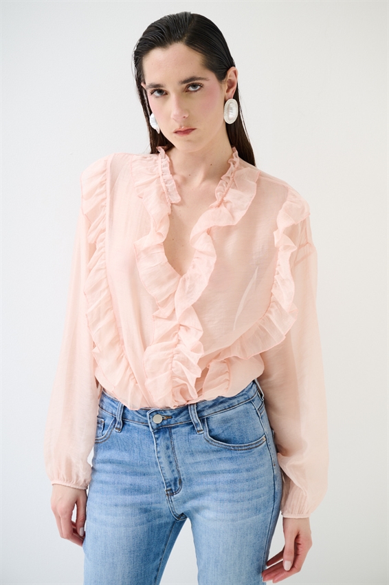 BLUSA CON DOPPIA ROUCHES ROSA