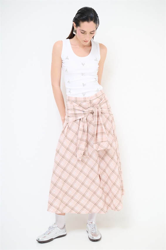 GONNA A QUADRI CON BOTTONI DAVANTI ROSA