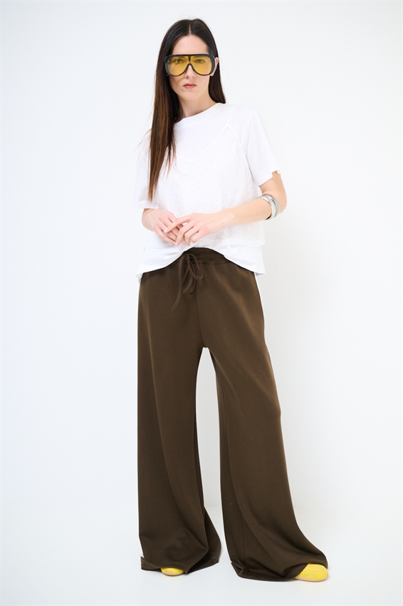 PANTALONE LARGO CON BANDE VISCOSA MODAL MORO