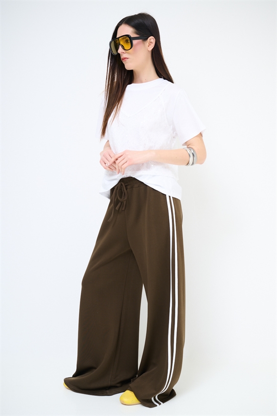 PANTALONE LARGO CON BANDE VISCOSA MODAL MORO