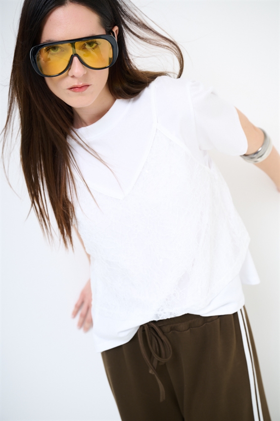 T-SHIRT IN COTONE CON TOP IN PIZZO BIANCO