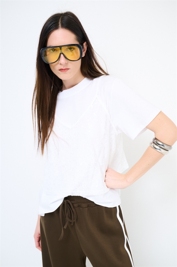 T-SHIRT IN COTONE CON TOP IN PIZZO BIANCO