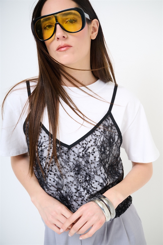 T-SHIRT IN COTONE CON TOP IN PIZZO NERO