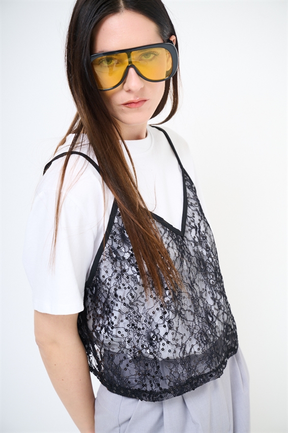 T-SHIRT IN COTONE CON TOP IN PIZZO NERO