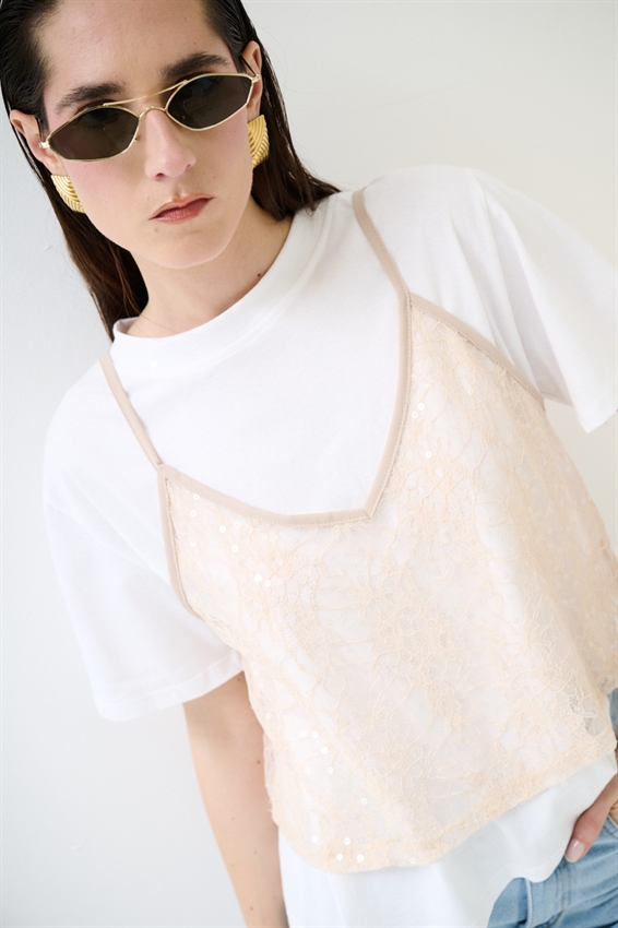 T-SHIRT IN COTONE CON TOP IN PIZZO NUDE