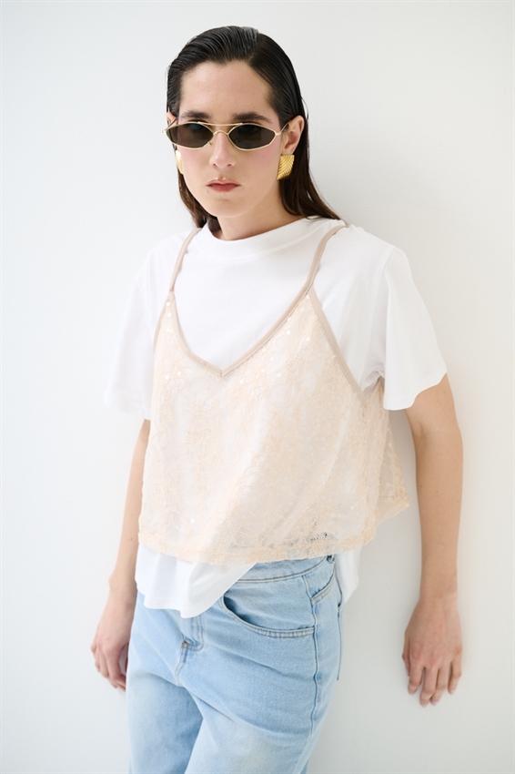 T-SHIRT IN COTONE CON TOP IN PIZZO NUDE