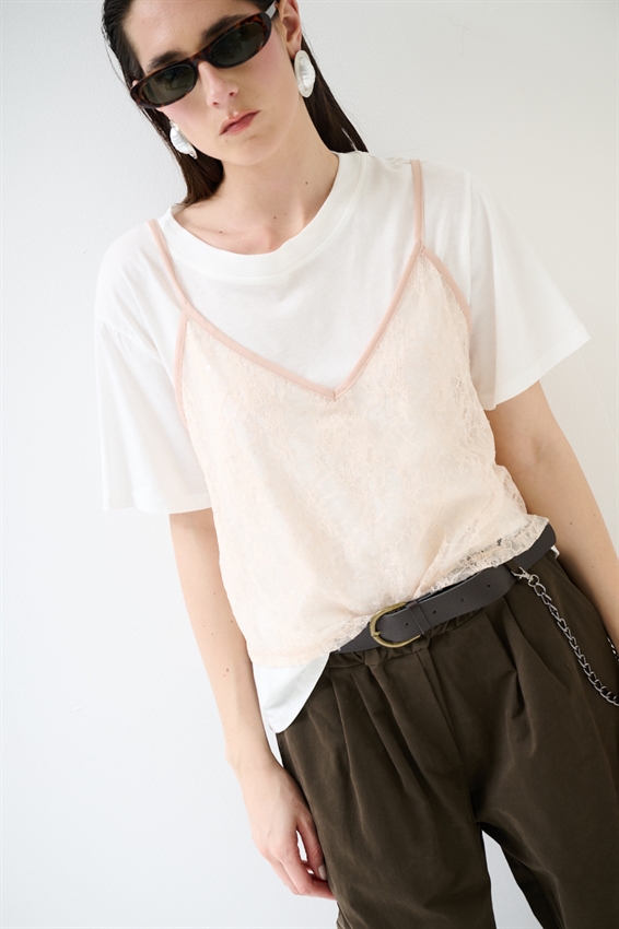 T-SHIRT IN COTONE CON TOP IN PIZZO ROSA
